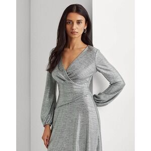 Lauren Ralph Lauren Metallic Silver Grey Cocktail Dress 10 V-Neck Blouson Sleeve